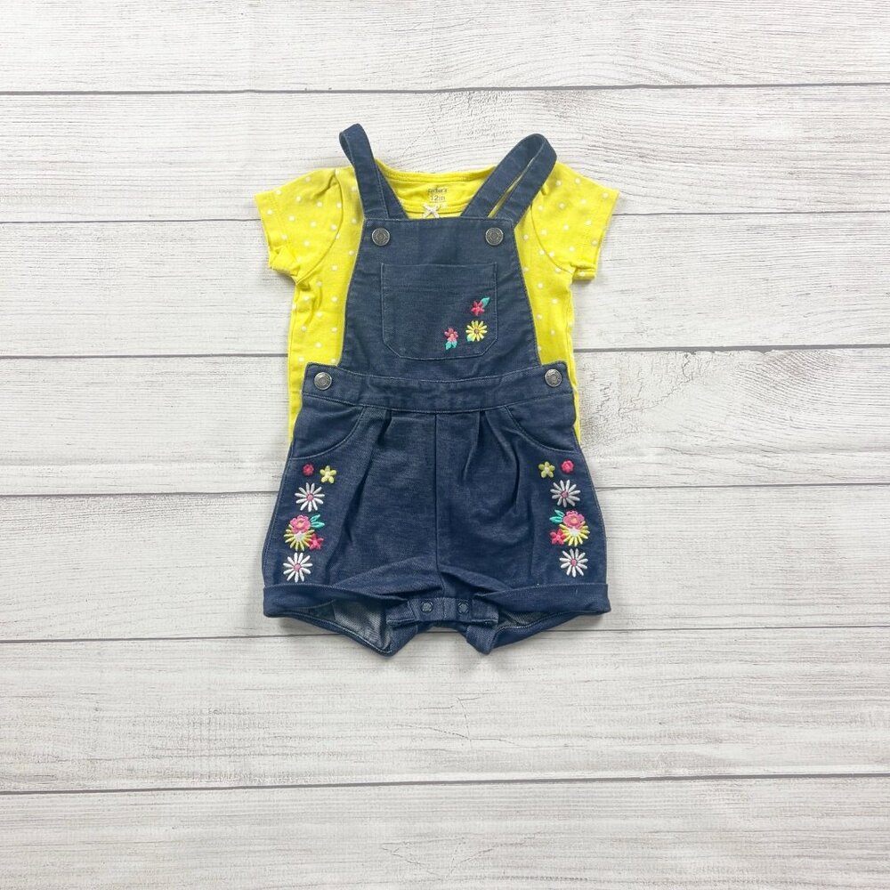 Carter’s Baby Girl Overall Shorts Denim Floral Embroidered Shortalls Set 12 Mont